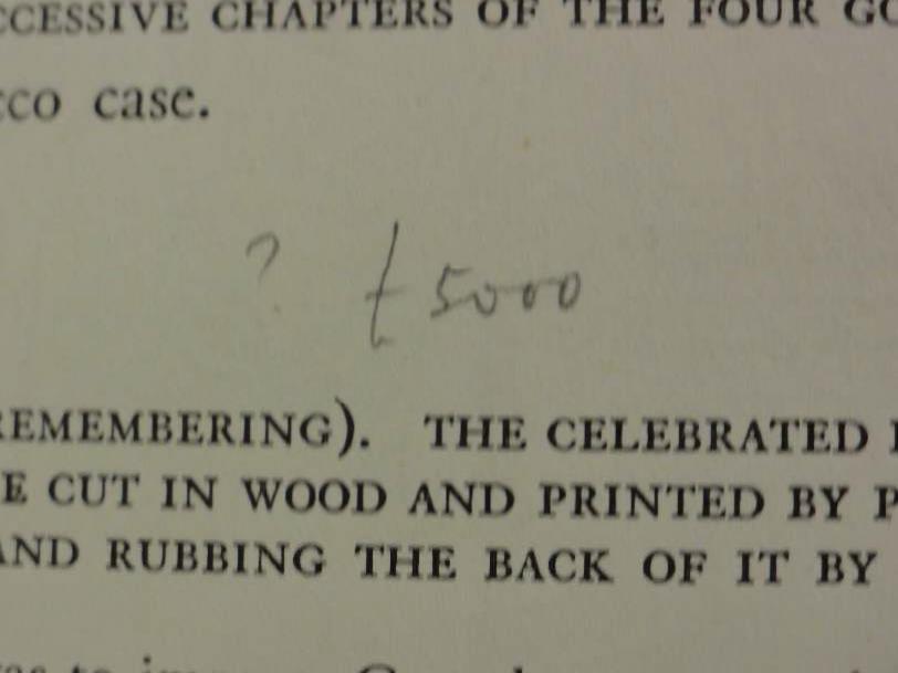 Edward Hart's note to self in the sales catalogue, c. 1935. He did indeed pay exactly £5,000 for each of the five block books. They include the Apocalypse above, an Ars Memorandi, an Ars Moriendi, and two Biblia Pauperum.